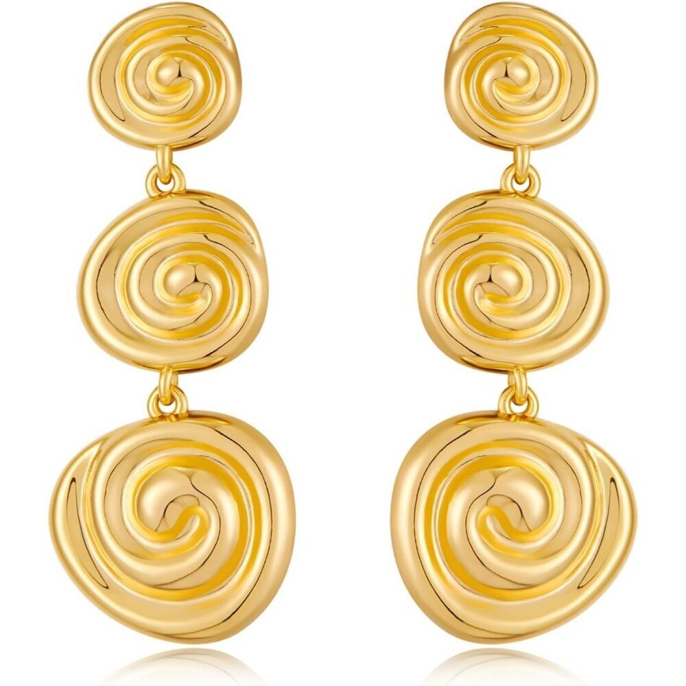 14K B Gold Pleated Boho Hammered Statement Finish Dangle Drop Earring for Women